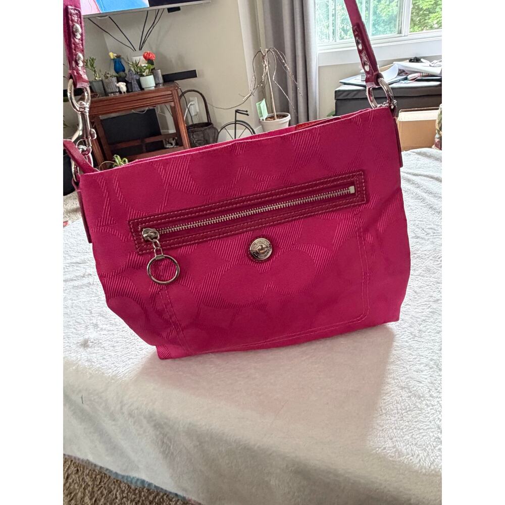COACH Poppy Pink Signature Sateen Crossbody Bag - Silver Hardware